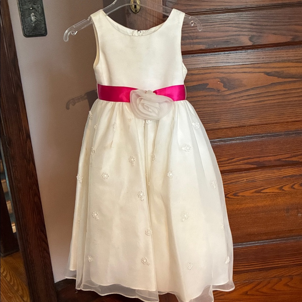 J.O.A. Ivory Flower Girl Dress with Hot Pink Sash
